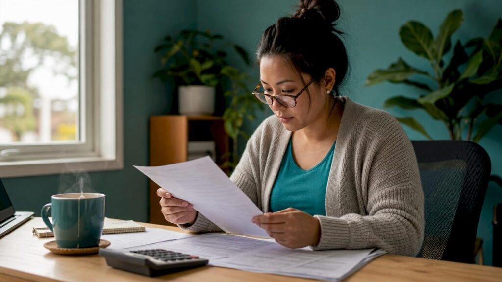 Woman reviewing mortgage papers at kitchen table