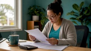 Woman reviewing mortgage papers at kitchen table
