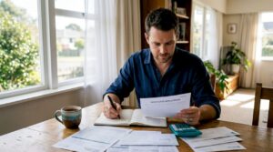 Man organizing mortgage documents at home table