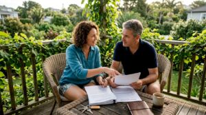 Couple reviewing mortgage loan papers at home