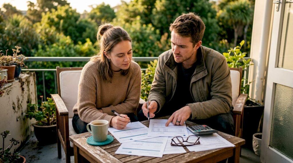 Couple reviewing home loan documents at table