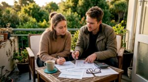 Couple reviewing home loan documents at table