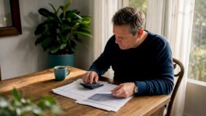 Man calculating mortgage affordability at kitchen table