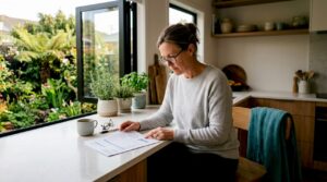 NZ homeowner reading mortgage statement at home