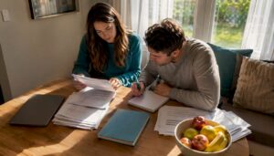 Couple reviewing home loan documents at kitchen table