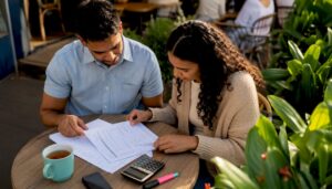Couple reviewing first home loan documents