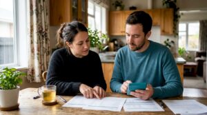 Couple calculating home down payment at table