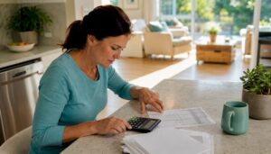 Person calculating mortgage payments at kitchen table