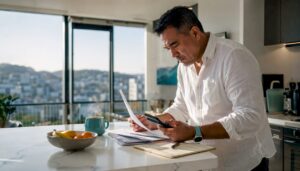 Man reviewing investment home loan papers at table