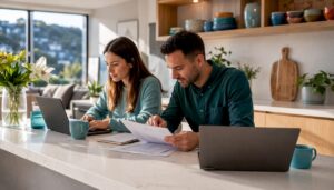 Couple calculating home prices together