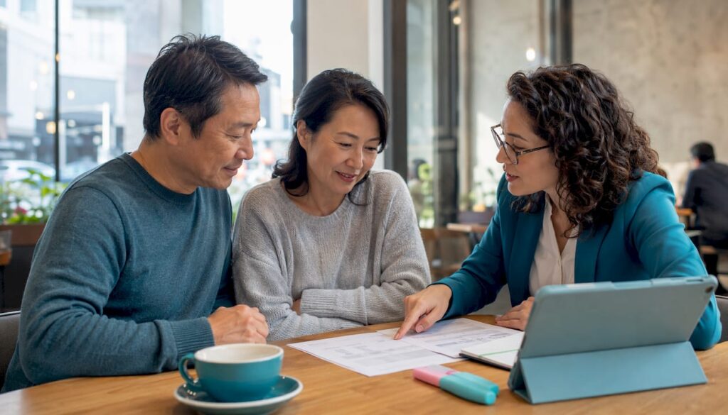 Couple consulting mortgage adviser at home