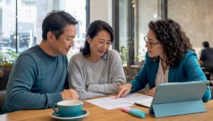 Couple consulting mortgage adviser at home