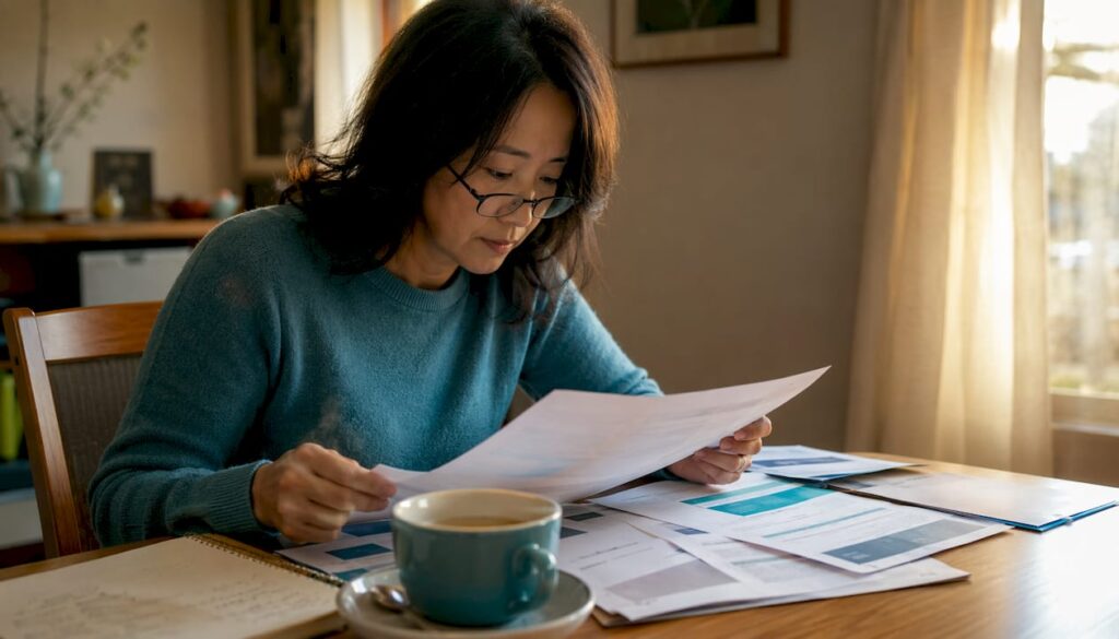 Homeowner reviewing mortgage papers at kitchen table