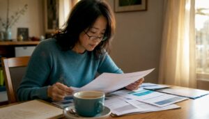 Homeowner reviewing mortgage papers at kitchen table