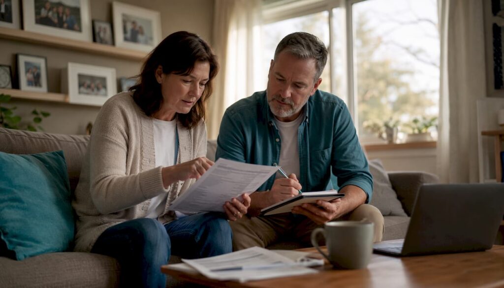 Couple reviewing home loan credit reports at table
