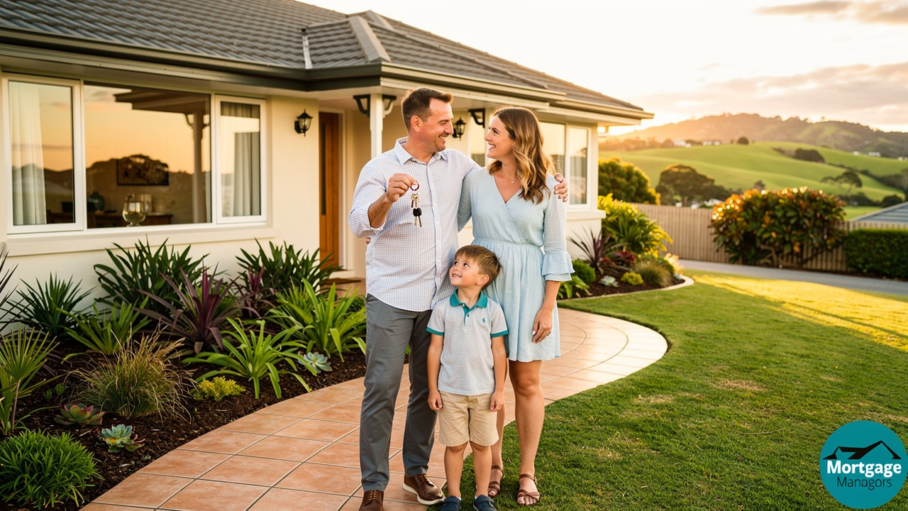 Happy New Zealand family receiving keys to first home