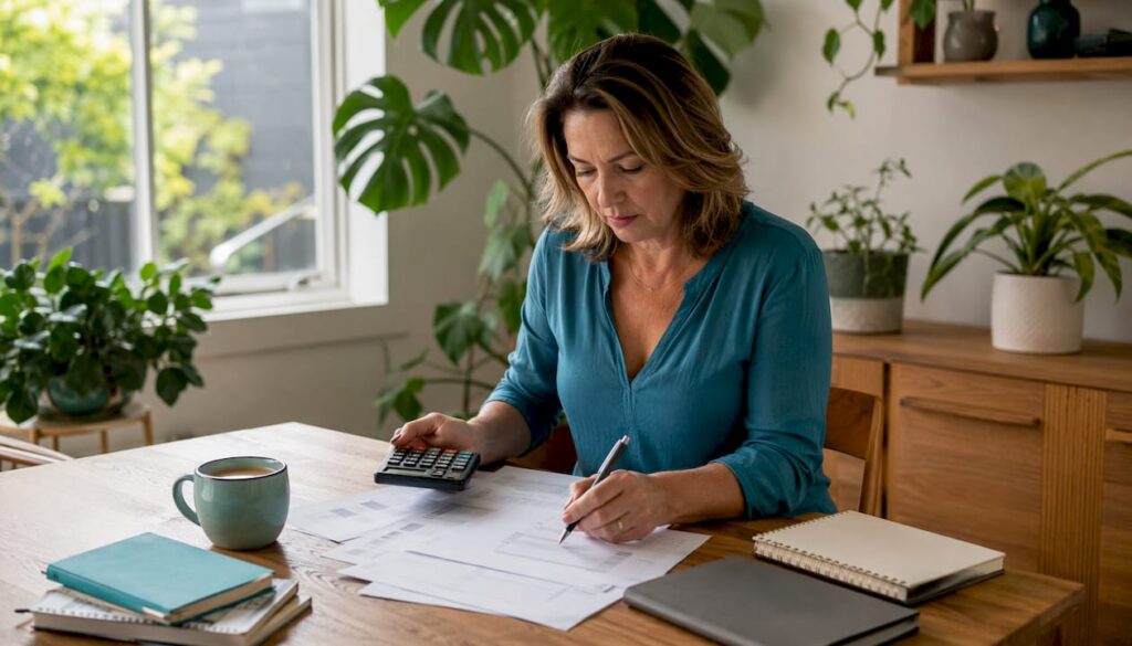 Woman calculating mortgage payments at home desk