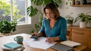Woman calculating mortgage payments at home desk