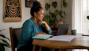 Māori woman consulting mortgage broker online