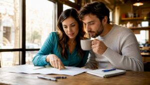 Couple reviewing first home loan forms