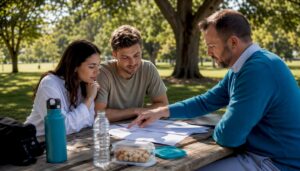 Couple consulting mortgage advisor in home office