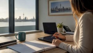 Mortgage adviser reviewing documents at desk