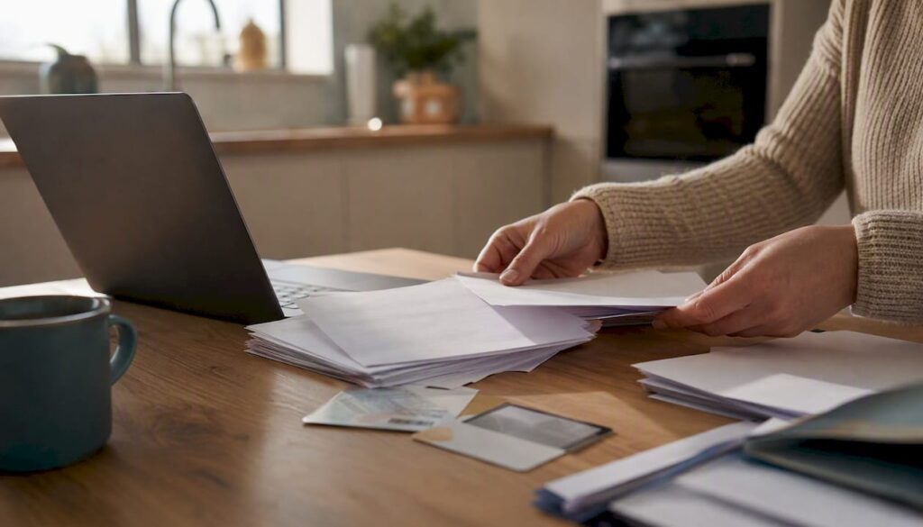 Hands arranging mortgage paperwork on table