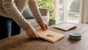 Hands arranging leasehold property documents