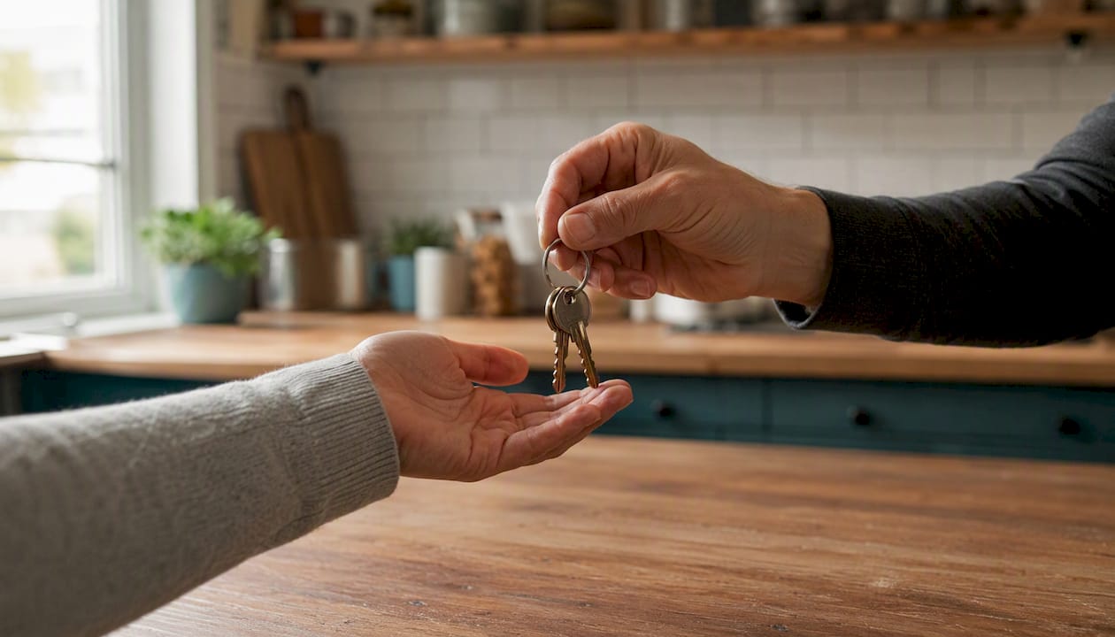 Hands exchanging house keys indoors