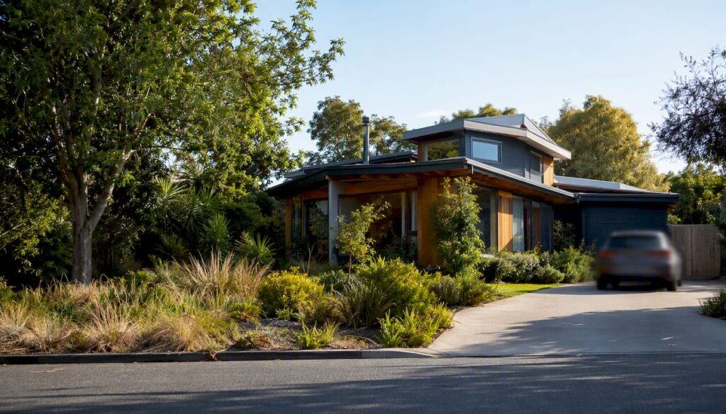 New Zealand holiday home exterior in sunlight
